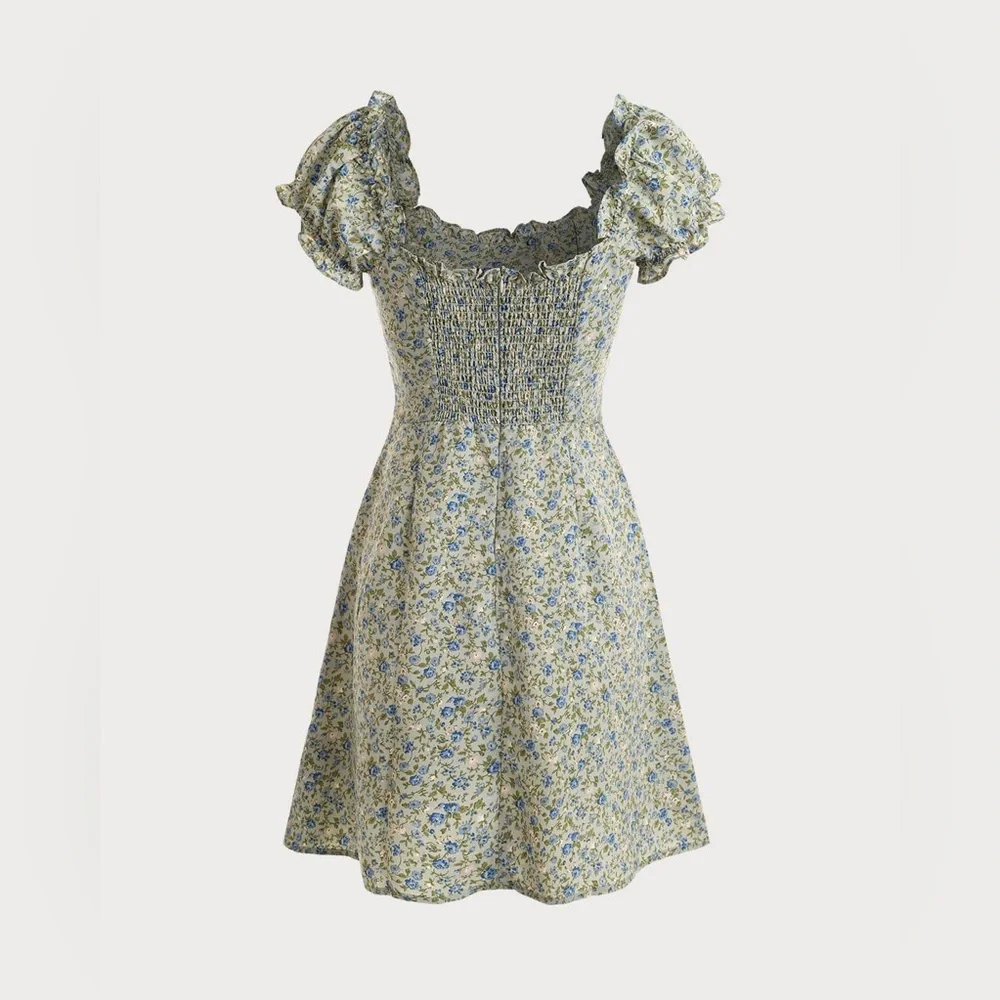 RIHOAS Blue Floral Puff-Sleeve Midi Dress